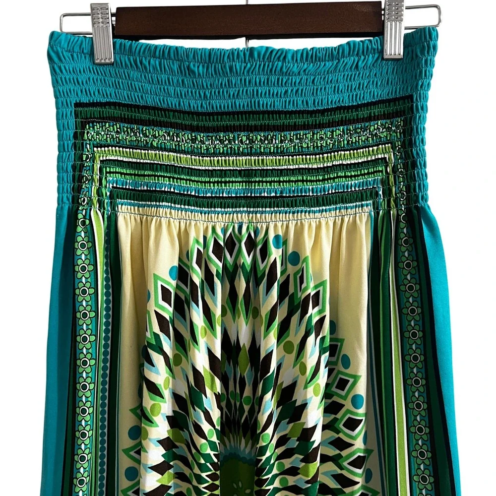 Bailey Blue Womens Teal Green Medallion‎ Smocked Strapless Tube Dress Midi M